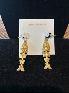 Tory Burch Gold Fishbone Drop Earrings with Turquoise Accent